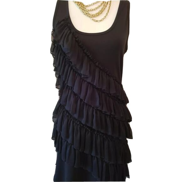 Steve Madden Black Chiffon Tier Ruffle Bodycon Stretch Racerback Tank Dress M - Picture 1 of 5